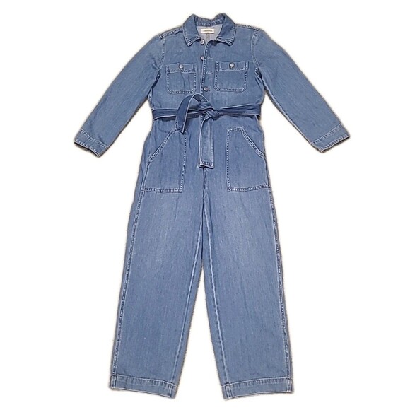 Madewell Denim Coveralls Womens M Blue Button Up LS Work Utility Boho Jumpsuit - Picture 7 of 16